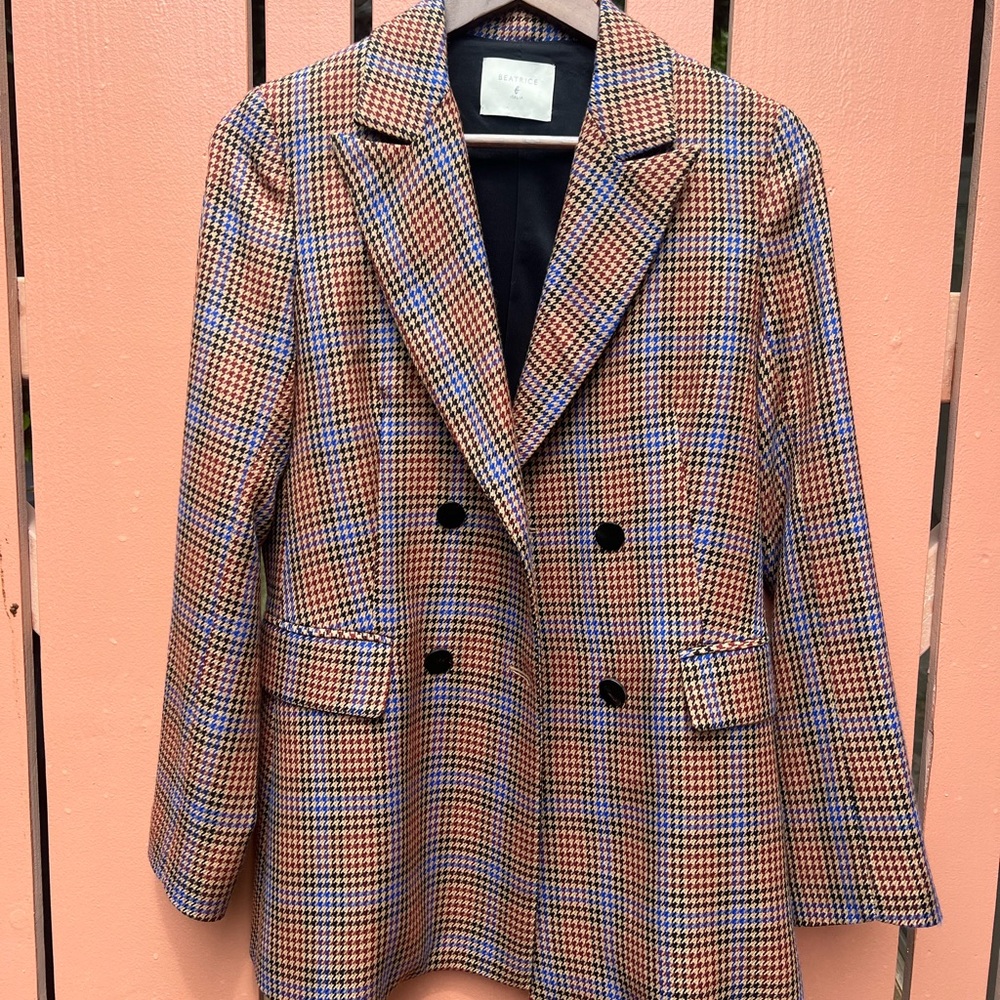 Double-Breasted Plaid Blazer Jacket - Brown Multi